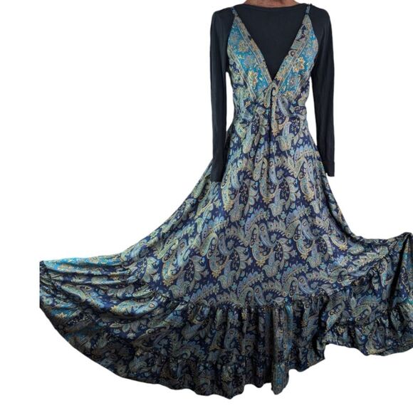 Stunning Blue Vintage silk maxi bohemian dress parsley print size M - Picture 2 of 10